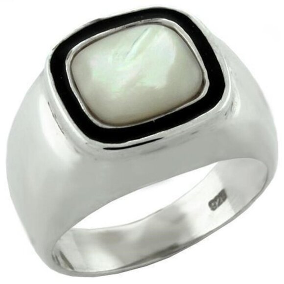 925 Sterling Silver White Jade Signet Ring Black Enamel Size 5 - Picture 2 of 2